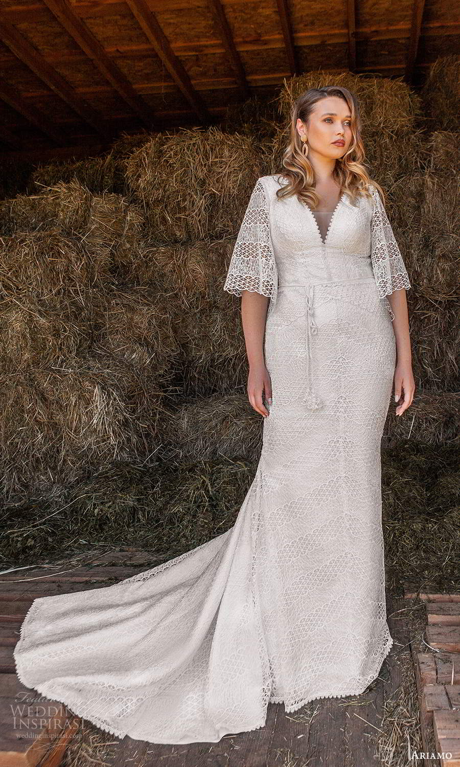 ariamo 2021 plus bridal half sleeves v neckline fully embellished fit flare wedding dress chapel train (9) mv