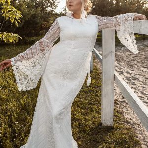ariamo 2021 plus bridal long flared sleeves jewel neckline fully embellished sheath wedding dress chapel train (15) mv