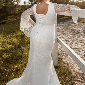 ariamo 2021 plus bridal long flared sleeves jewel neckline fully embellished sheath wedding dress corset back chapel train (15) bv