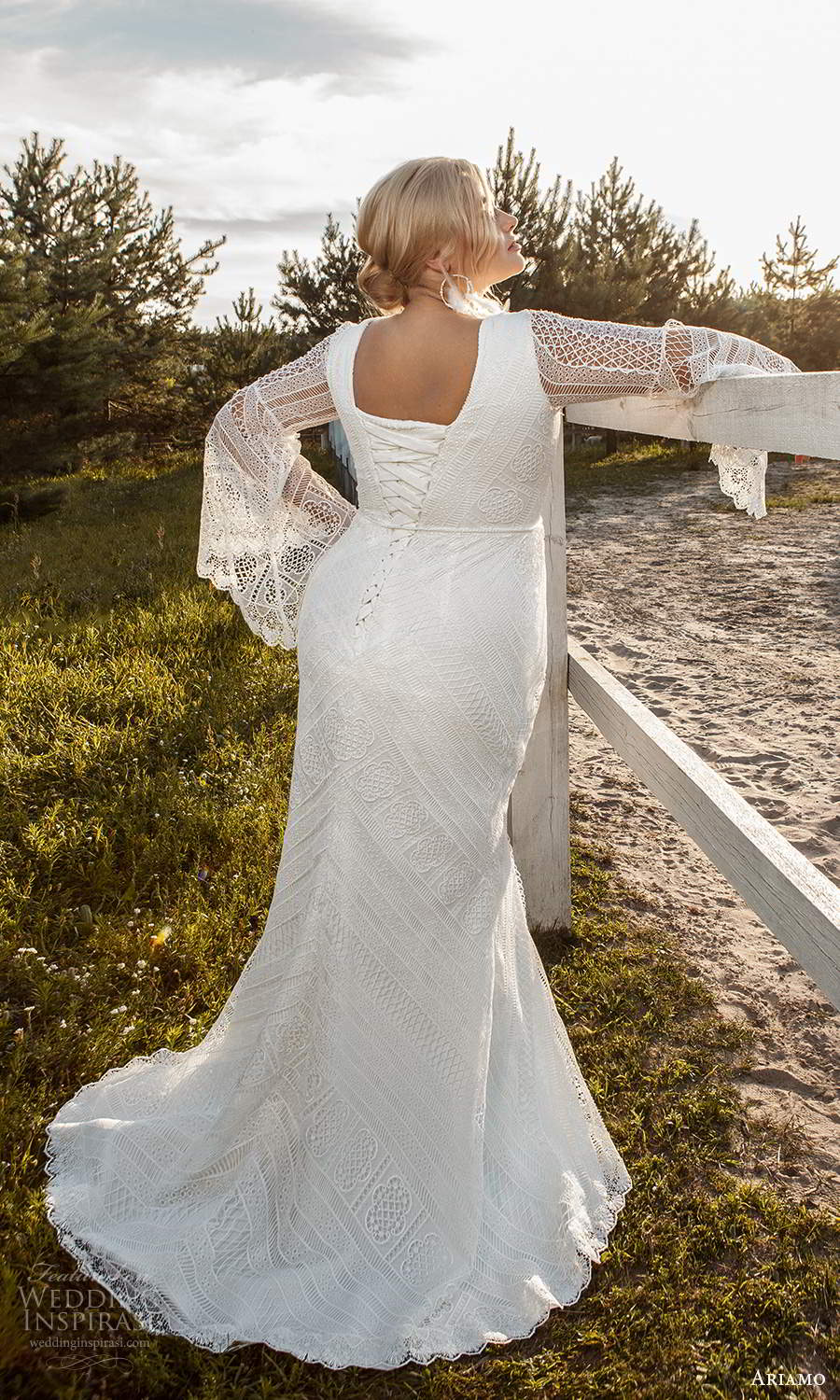 ariamo 2021 plus bridal long flared sleeves jewel neckline fully embellished sheath wedding dress corset back chapel train (15) bv