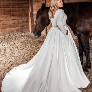 ariamo 2021 plus bridal long sleeves jewel neckline clean minimalist a line ball gown wedding dress chapel train (1) bv