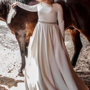 ariamo 2021 plus bridal long sleeves jewel neckline clean minimalist a line ball gown wedding dress chapel train (1) mv