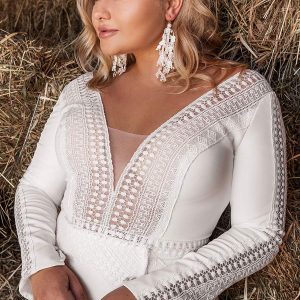 ariamo 2021 plus bridal long sleeves plunging v neckline clean minimalist mermaid sheath wedding dress chapel train (4) zv