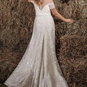 ariamo 2021 plus bridal off shoulder cap sleeves plunging sweetheart neckline fully embellished modified a line trumpet wedding dress chapel train (2) bv