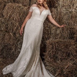 ariamo 2021 plus bridal off shoulder cap sleeves plunging sweetheart neckline fully embellished modified a line trumpet wedding dress chapel train (2) mv