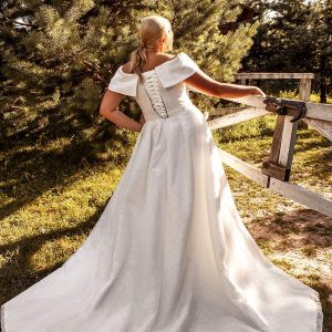 ariamo 2021 plus bridal off shoulder short sleeves cross over v neckline corset bodice minimalist a line ball gown wedding dress chapel train (6) bv