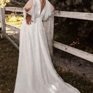 ariamo 2021 plus bridal sheer flutter sleeves v neckline crossover bodice fully embellished column sheath wedding dress chapel train (16) bv