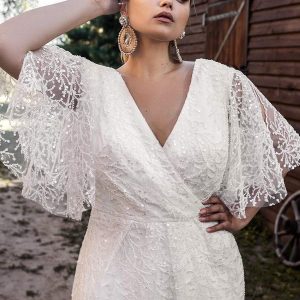 ariamo 2021 plus bridal sheer flutter sleeves v neckline crossover bodice fully embellished column sheath wedding dress chapel train (16) mv