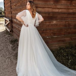 ariamo 2021 plus bridal sheer flutter sleeves v neckline embellished bodice a line ball gown wedding dress chapel train (14) bv