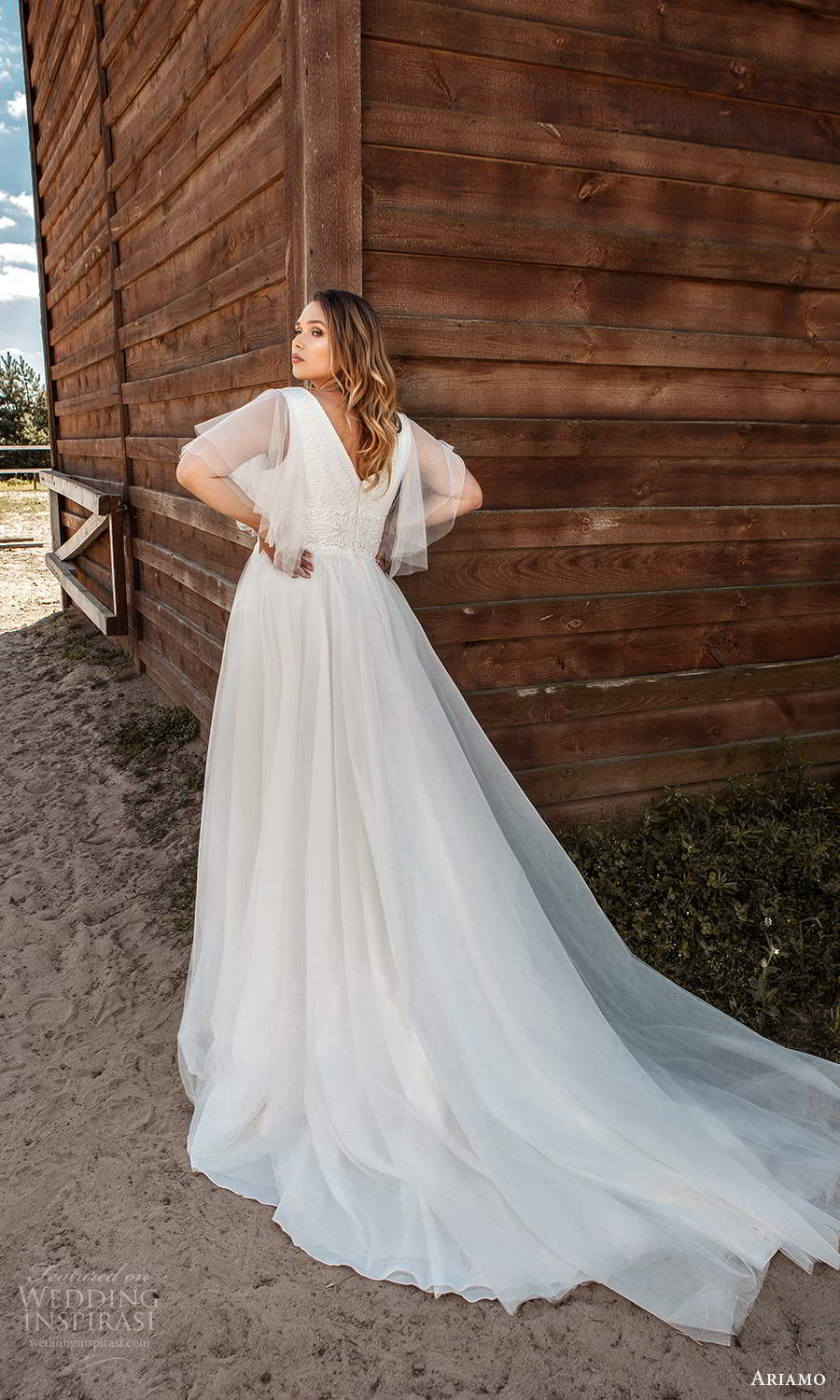 ariamo 2021 plus bridal sheer flutter sleeves v neckline embellished bodice a line ball gown wedding dress chapel train (14) bv