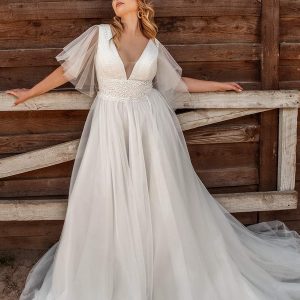 ariamo 2021 plus bridal sheer flutter sleeves v neckline embellished bodice a line ball gown wedding dress chapel train (14) mv