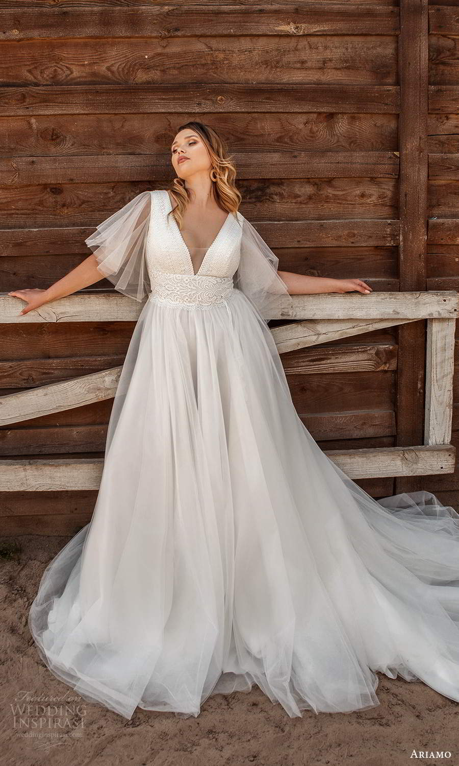 ariamo 2021 plus bridal sheer flutter sleeves v neckline embellished bodice a line ball gown wedding dress chapel train (14) mv