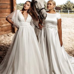 ariamo 2021 plus bridal short sleeve bateau neckline clean minimalist a line ball gown wedding dress chapel train (7) mv