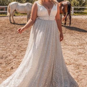 ariamo 2021 plus bridal sleeveless thick straps plunging v neckline fully embellished a line ball gown wedding dress sweep train (17) mv