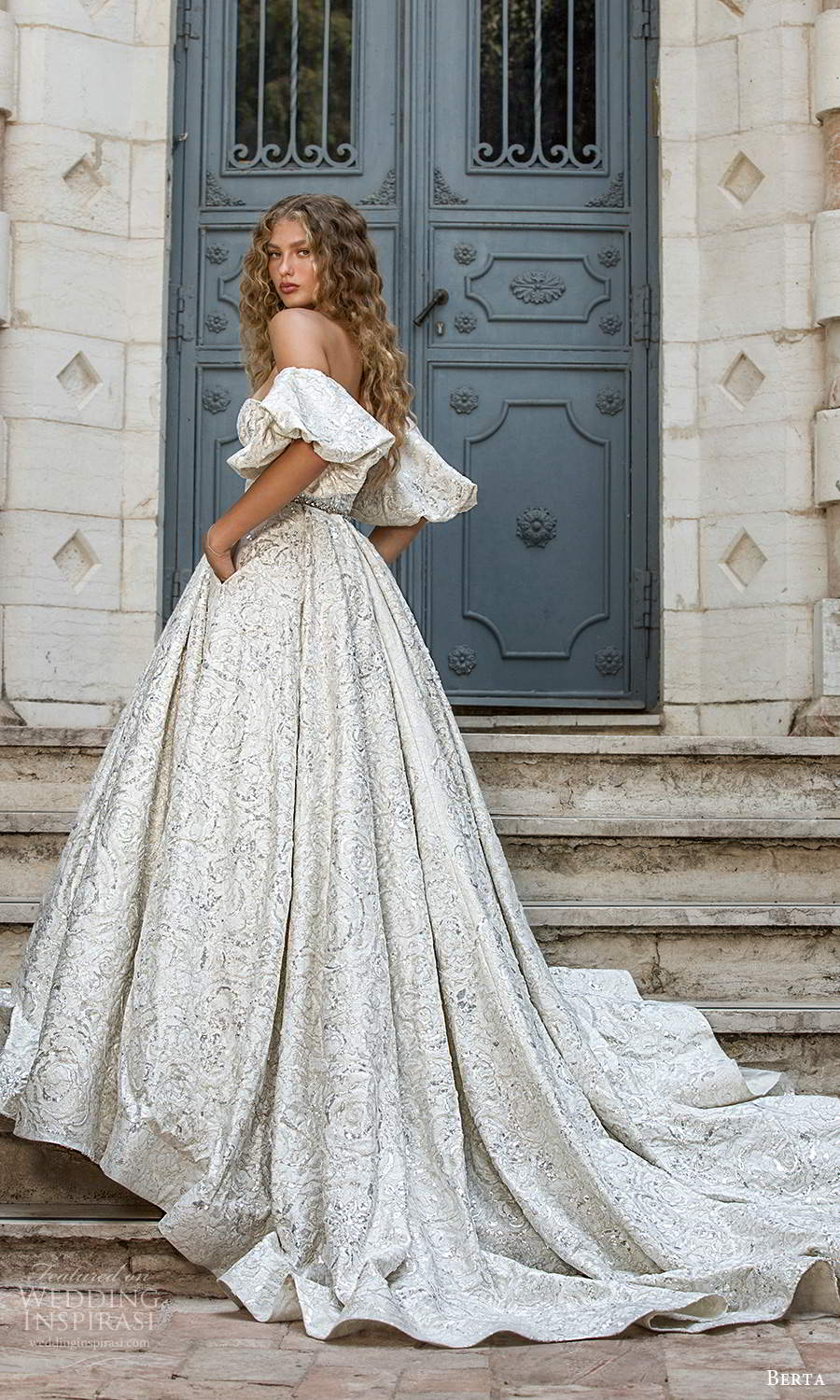 berta fall 2021 bridal detached puff sleeves strapless semi sweetheart neckline fully embellished a line ball gown wedding dress chapel train (8) bv