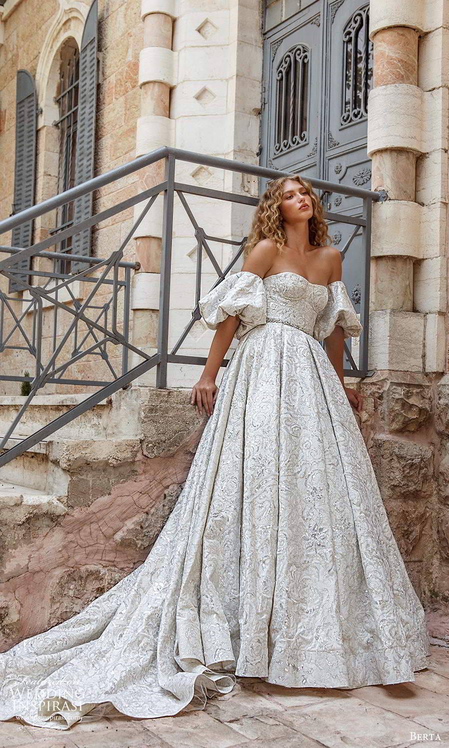 berta fall 2021 bridal detached puff sleeves strapless semi sweetheart neckline fully embellished a line ball gown wedding dress chapel train (8) mv