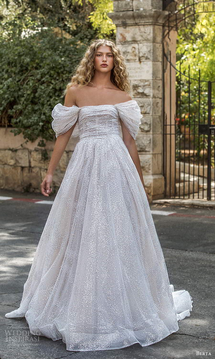 berta fall 2021 bridal off shoulder puff short sleeves straight across neckline ruched bodice a line ball gown wedding dress chapel train (15) mv