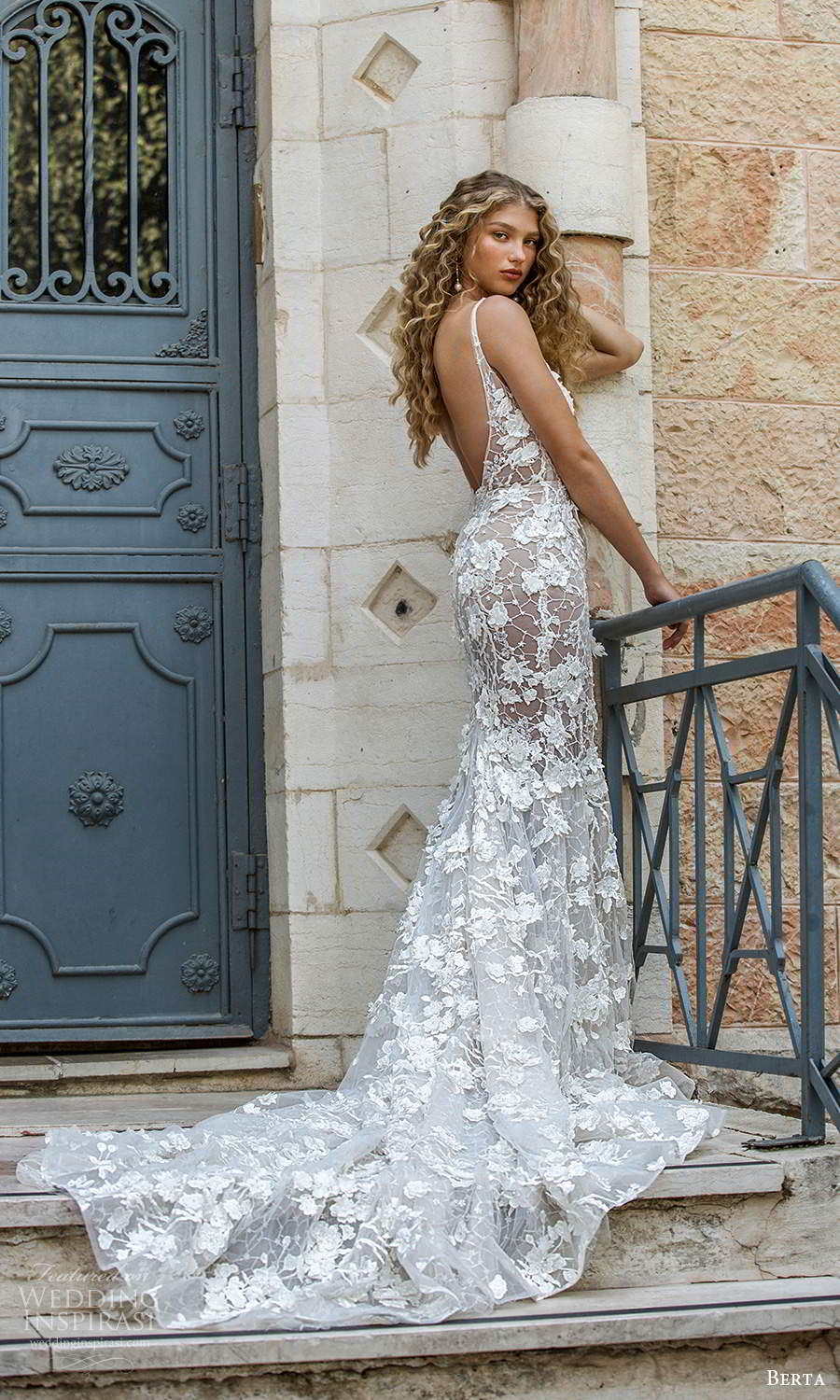 berta fall 2021 bridal sleeveless straps plunging v neckline fully embellished lace fit flare mermaid sheath wedding dress chapel train (6) bv