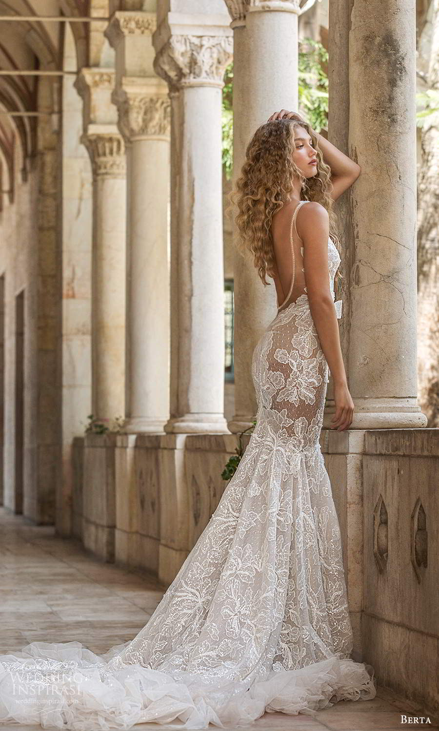 berta fall 2021 bridal sleeveless straps plunging v neckline fully embellished lace fit flare mermaid wedding dress chapel train (13) bv