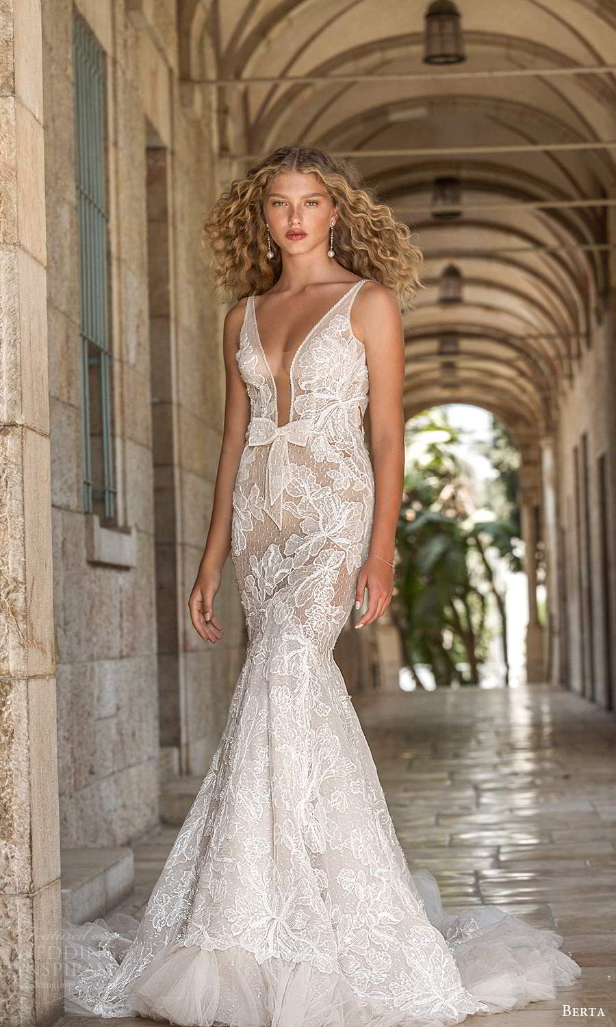 berta fall 2021 bridal sleeveless straps plunging v neckline fully embellished lace fit flare mermaid wedding dress chapel train (13) mv