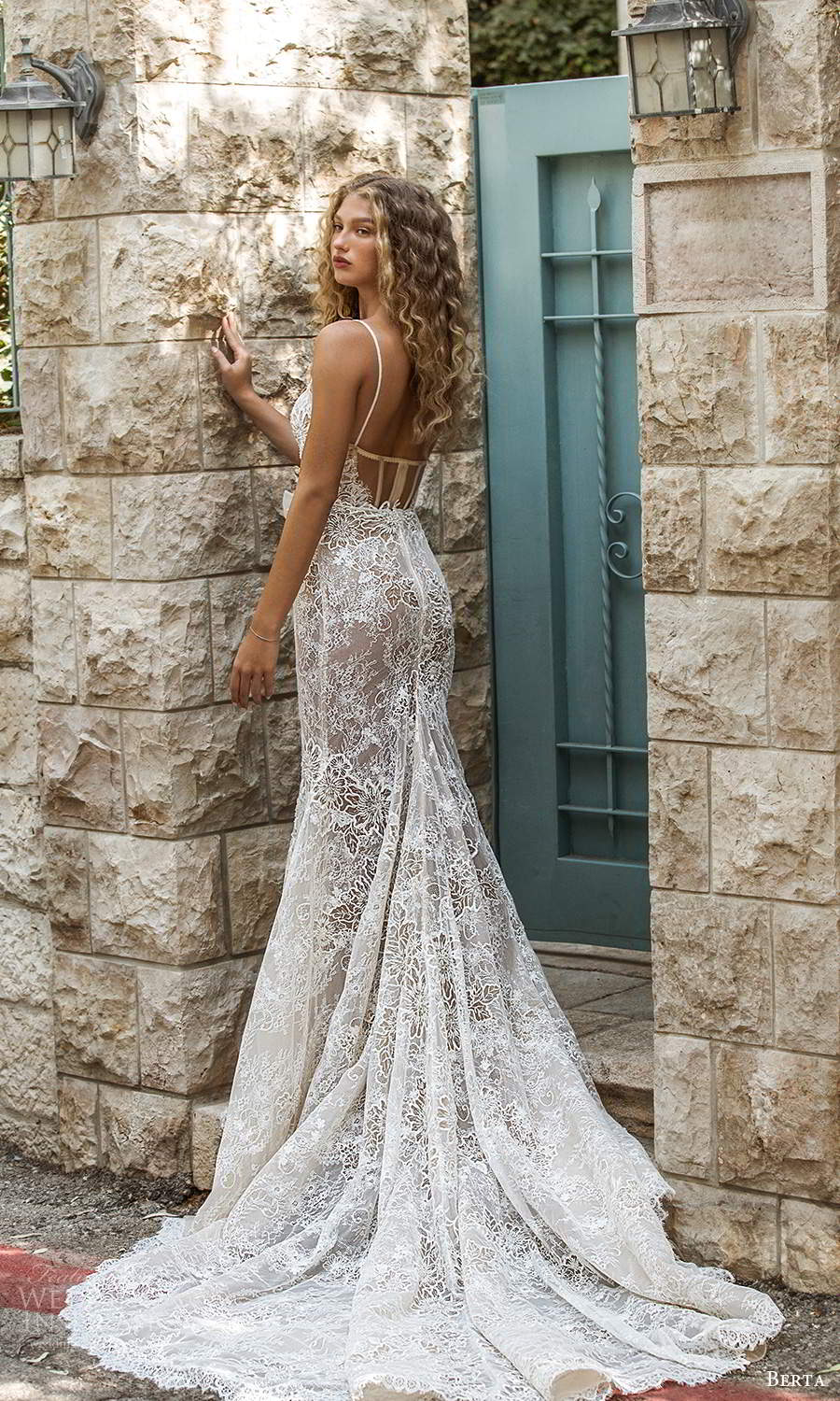 berta fall 2021 bridal sleeveless thin straps sweetheart neckline fully embellished lace fit flare wedding dress chapel train (14) bv