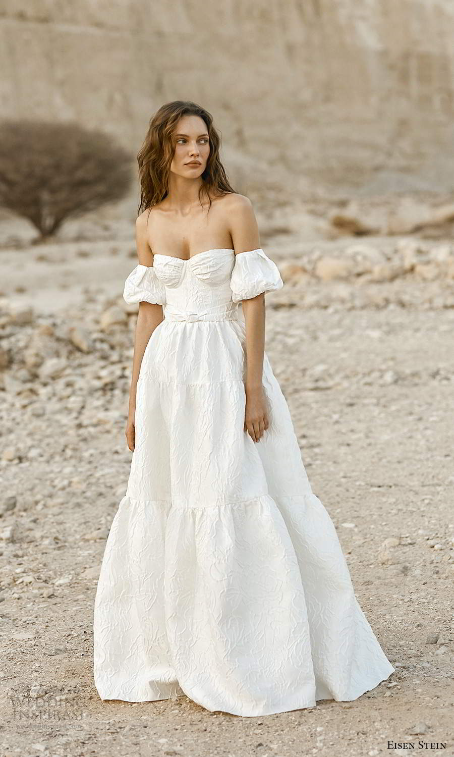 eisen stein fall 2021 bridal detached short puff sleeves semi sweetheart neckline textured a line ball gown wedding dress (7) mv