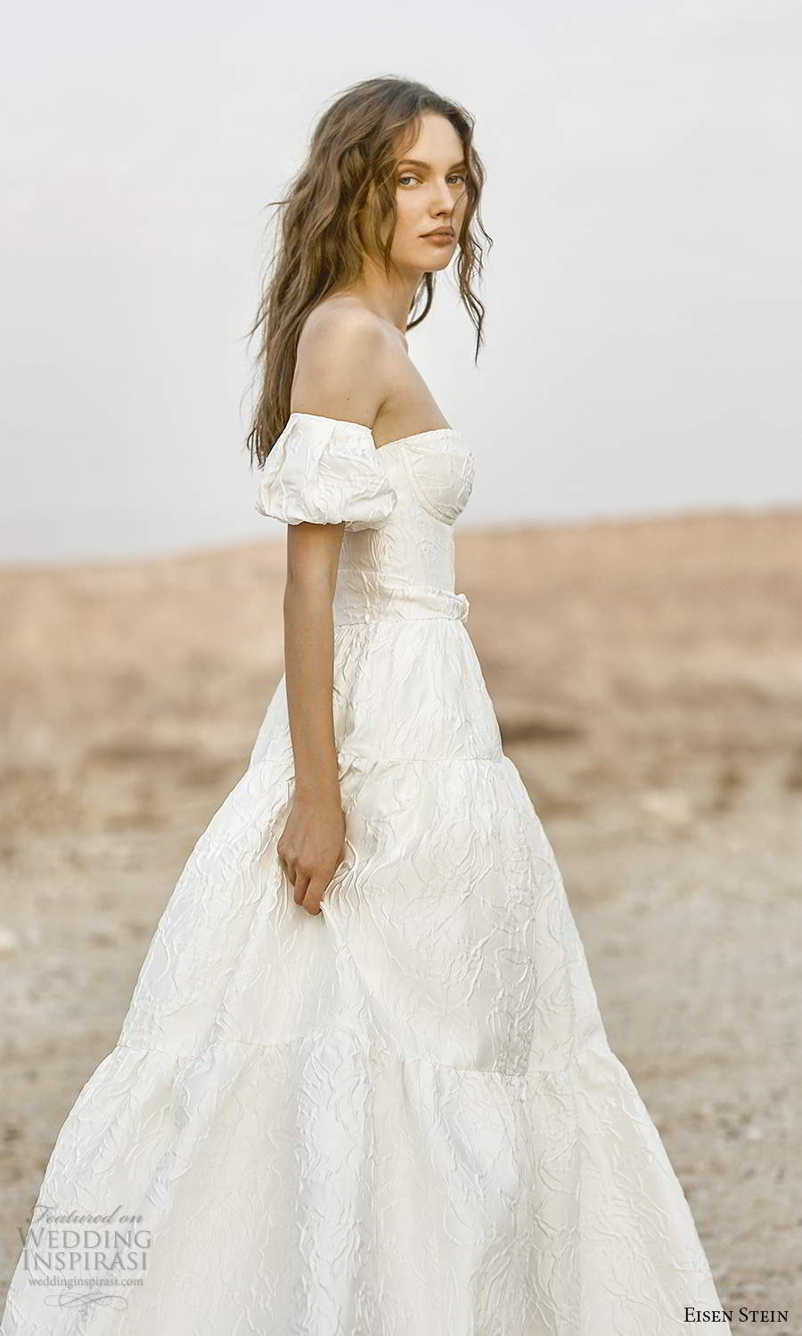 eisen stein fall 2021 bridal detached short puff sleeves semi sweetheart neckline textured a line ball gown wedding dress (7) zsv