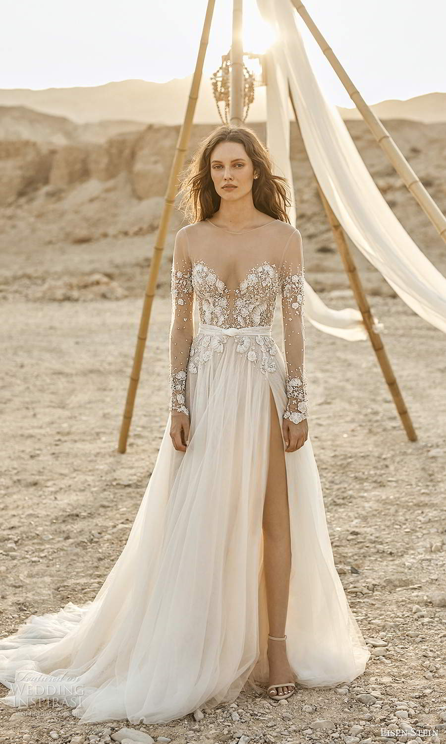 eisen stein fall 2021 bridal illusion long sleeves sheer sweetheart neckline embellished bodice a line ball gown wedding dress slit skirt chapel train (2) mv