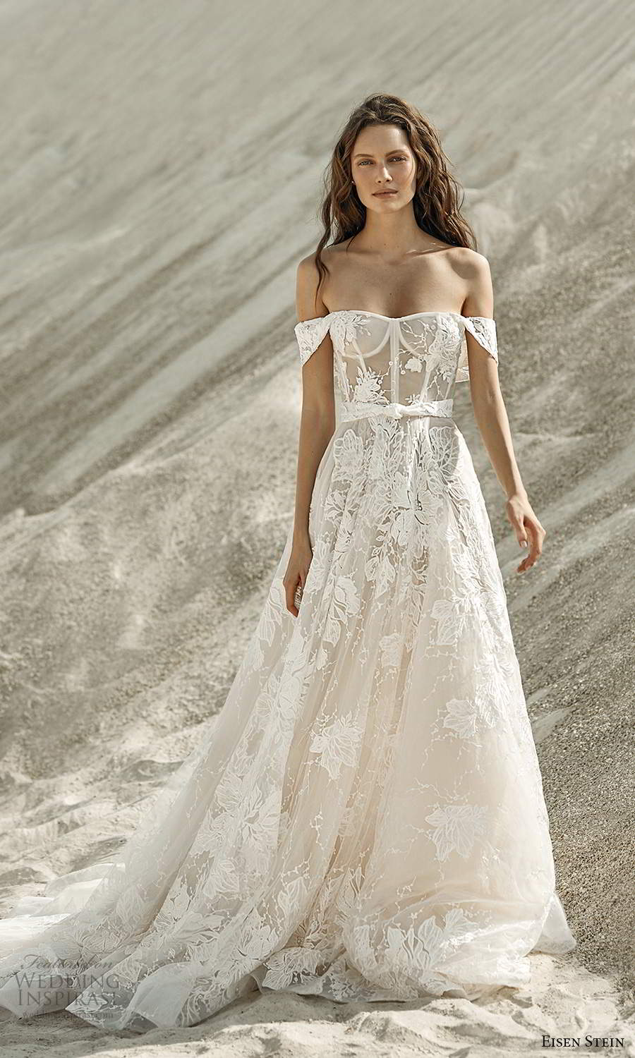 eisen stein fall 2021 bridal off shoulder straps semi sweetheart neckline sheer bodice embellished a line ball gown wedding dress chapel train (6) mv