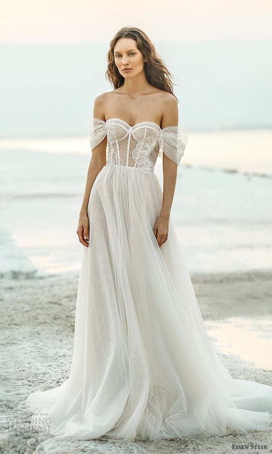 eisen stein fall 2021 bridal off shoulder straps sweetheart neckline sheer embellished bodice a line ball gown wedding dress chapel train (3) mv