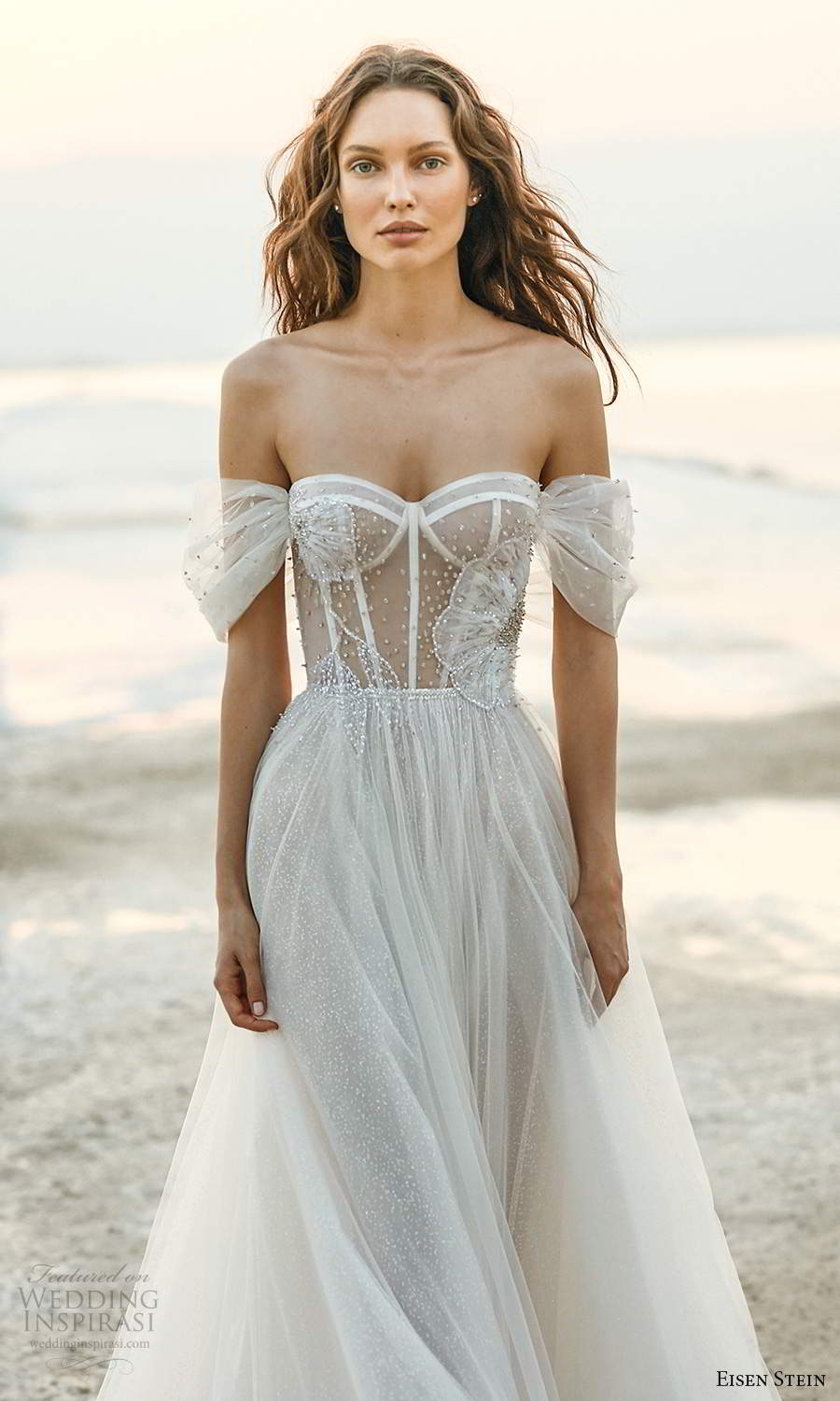 eisen stein fall 2021 bridal off shoulder straps sweetheart neckline sheer embellished bodice a line ball gown wedding dress chapel train (3) zv