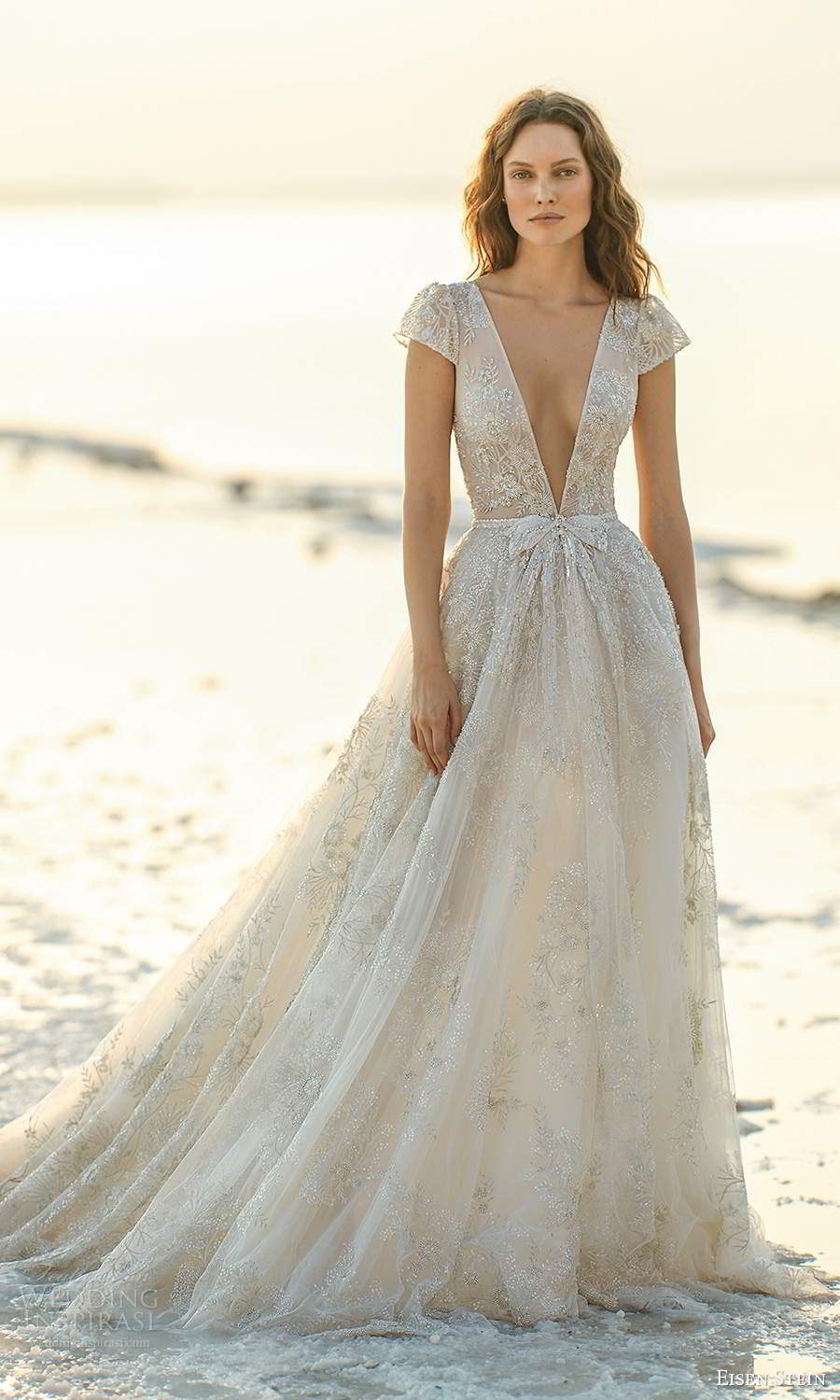 eisen stein fall 2021 bridal short puff sleeves plunging v neckline fully embellished a line ball gown weddingd dress bow waist chapel train (1) mv