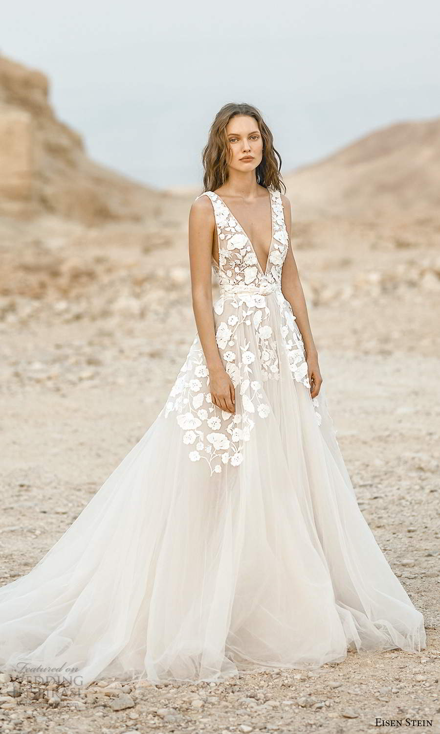 eisen stein fall 2021 bridal sleeveless straps plunging v neckline embellished bodice a line ball gown wedding dress chapel train (8) mv