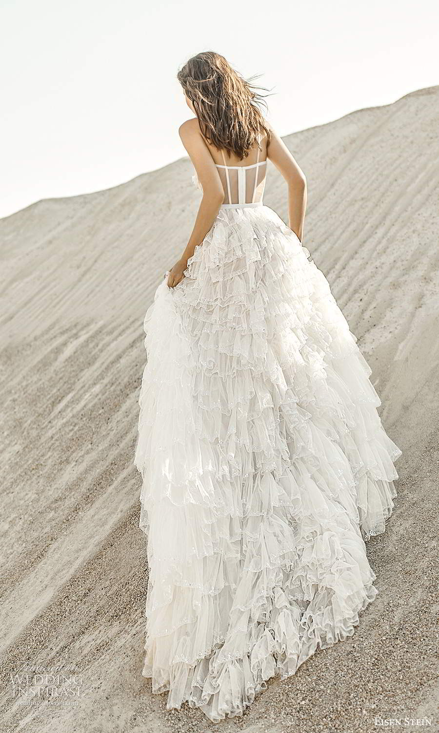 eisen stein fall 2021 bridal sleeveless thing straps semi sweetheart ruched bodice a line ball gown wedding dress tiered slit skirt chapel train (5) bv