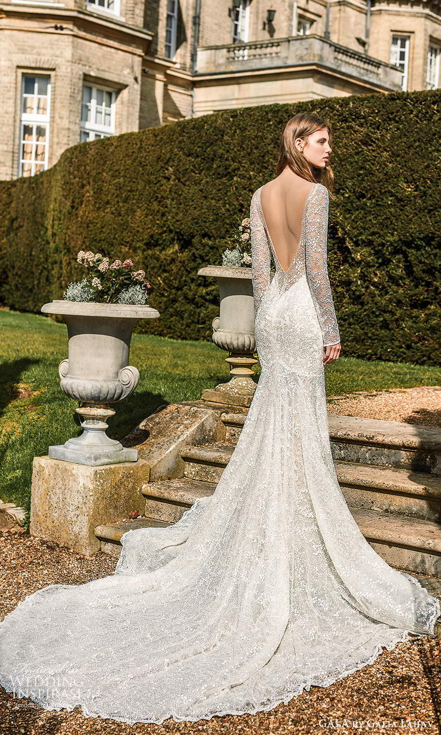 gala galia lahav fall 2021 bridal long sleeve plunging v neckline fit flare mermaid wedding dress chapel train (2) bv