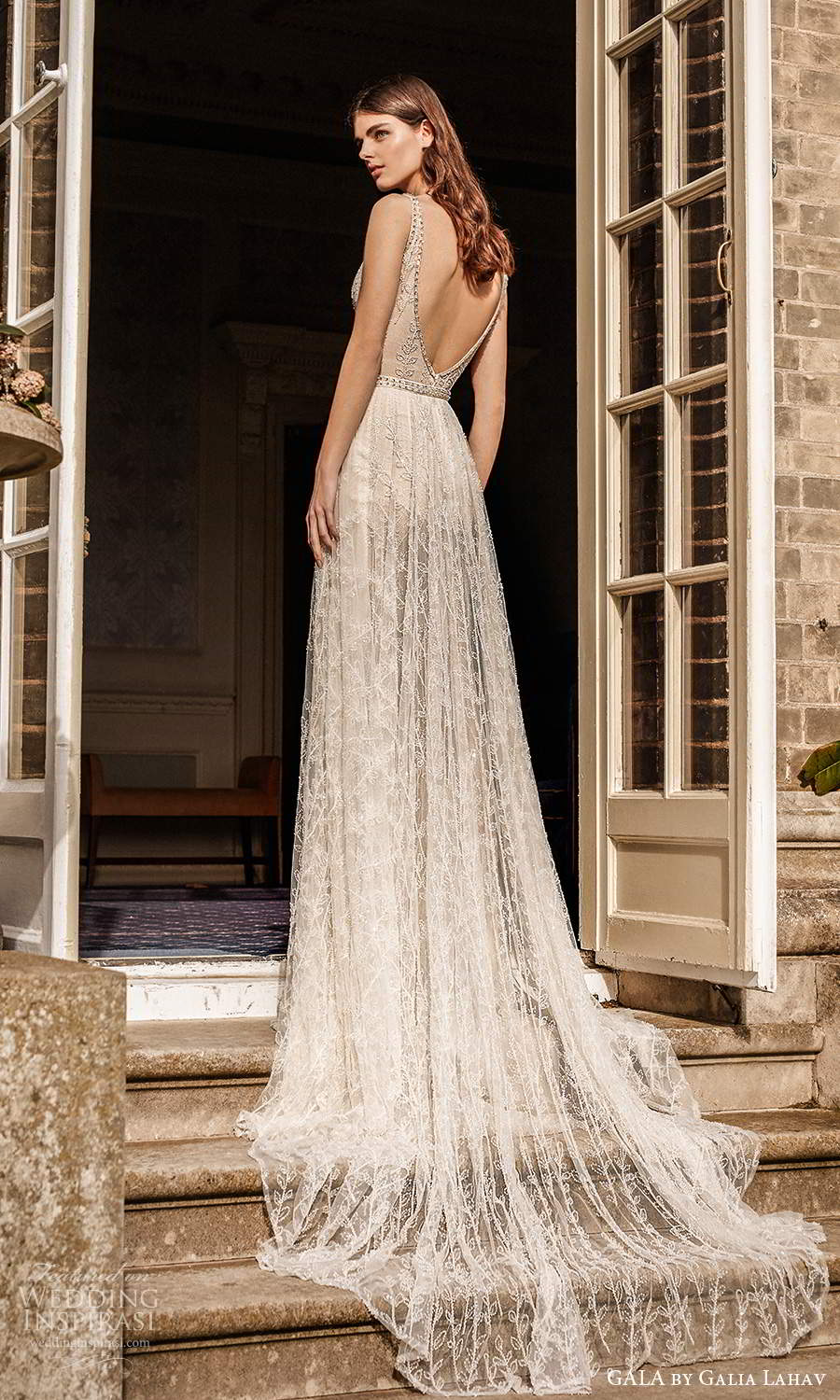 gala galia lahav fall 2021 bridal sleeveless straps plunging v neckline fully embellished jumpsuit a line wedding dress chapel train (4) bv