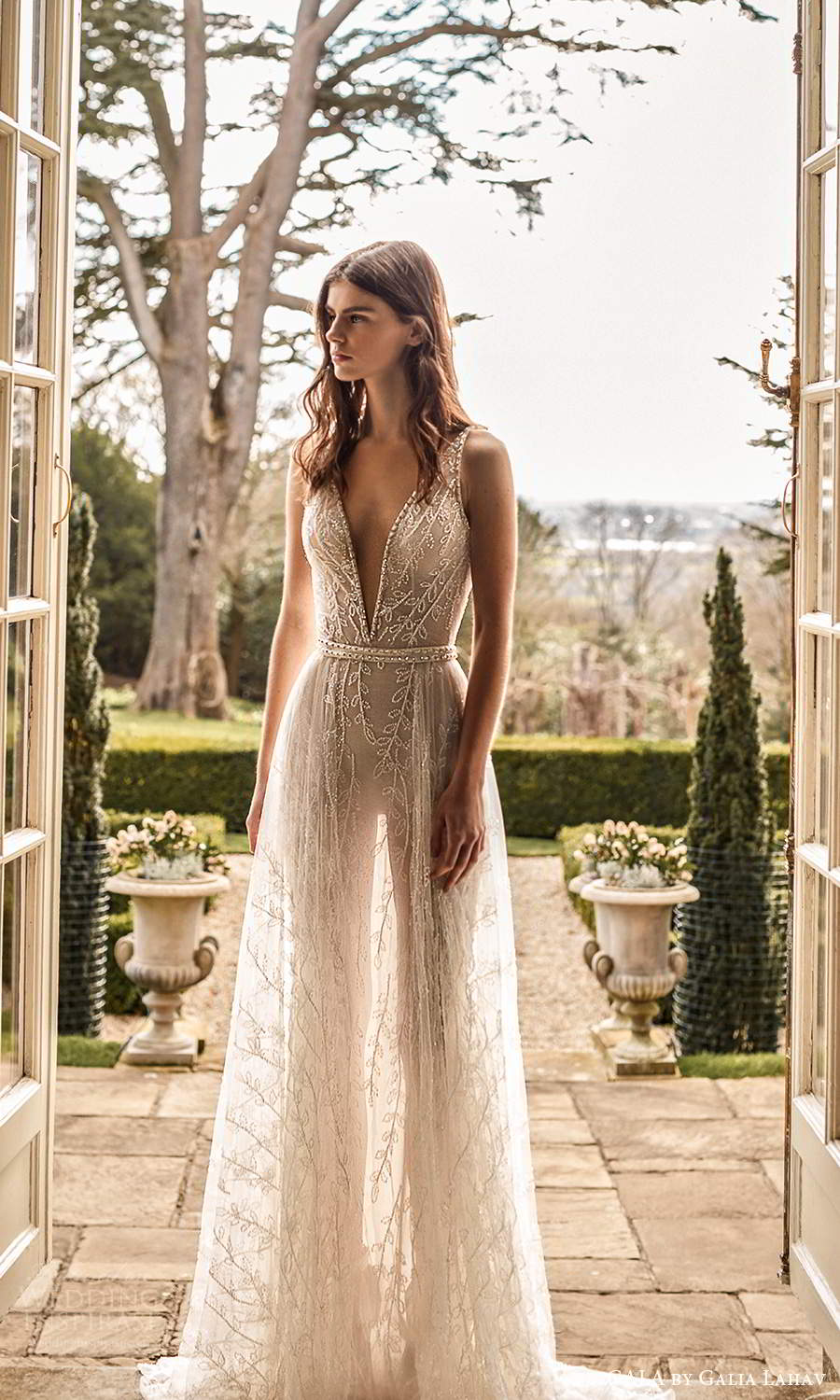 gala galia lahav fall 2021 bridal sleeveless straps plunging v neckline fully embellished jumpsuit a line wedding dress chapel train (4) mv