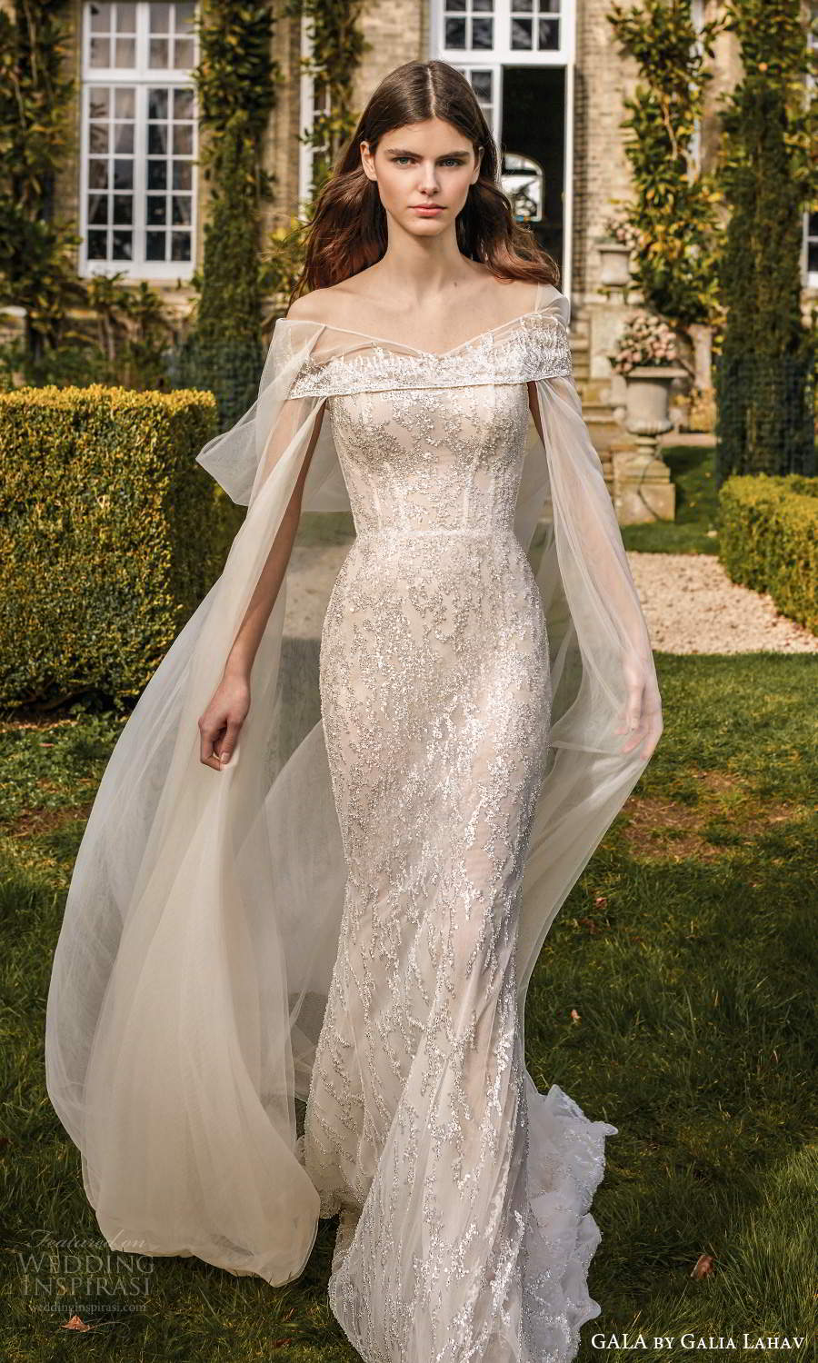 gala galia lahav fall 2021 bridal strapless scoop neckline fully embellished sheath mermaid wedding dress chapel train cape (3) mv