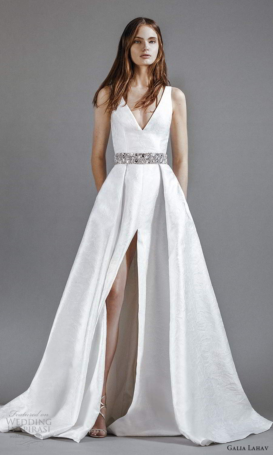 galia lahav 2021 rtw bridal sleeveless thick straps v neckline clean minimalist a line ball gown wedding dress slit skirt sweep skirt (3) mv