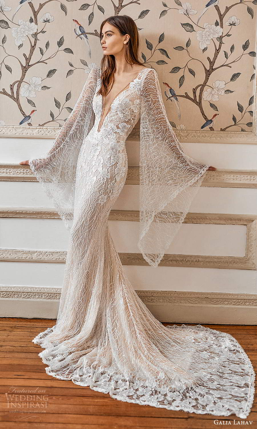 galia lahav fall 2021 bridal flare long sleeves plunging v neckline fully embellished lace sheath wedding dress chapel train (4) mv