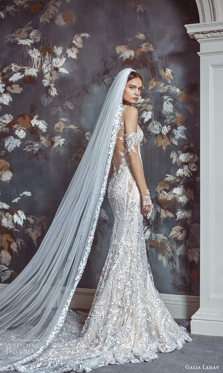 galia lahav fall 2021 bridal sleeveless straps sweetheart neckline fully embellished lace sheath wedding dress chapel train (2) bv