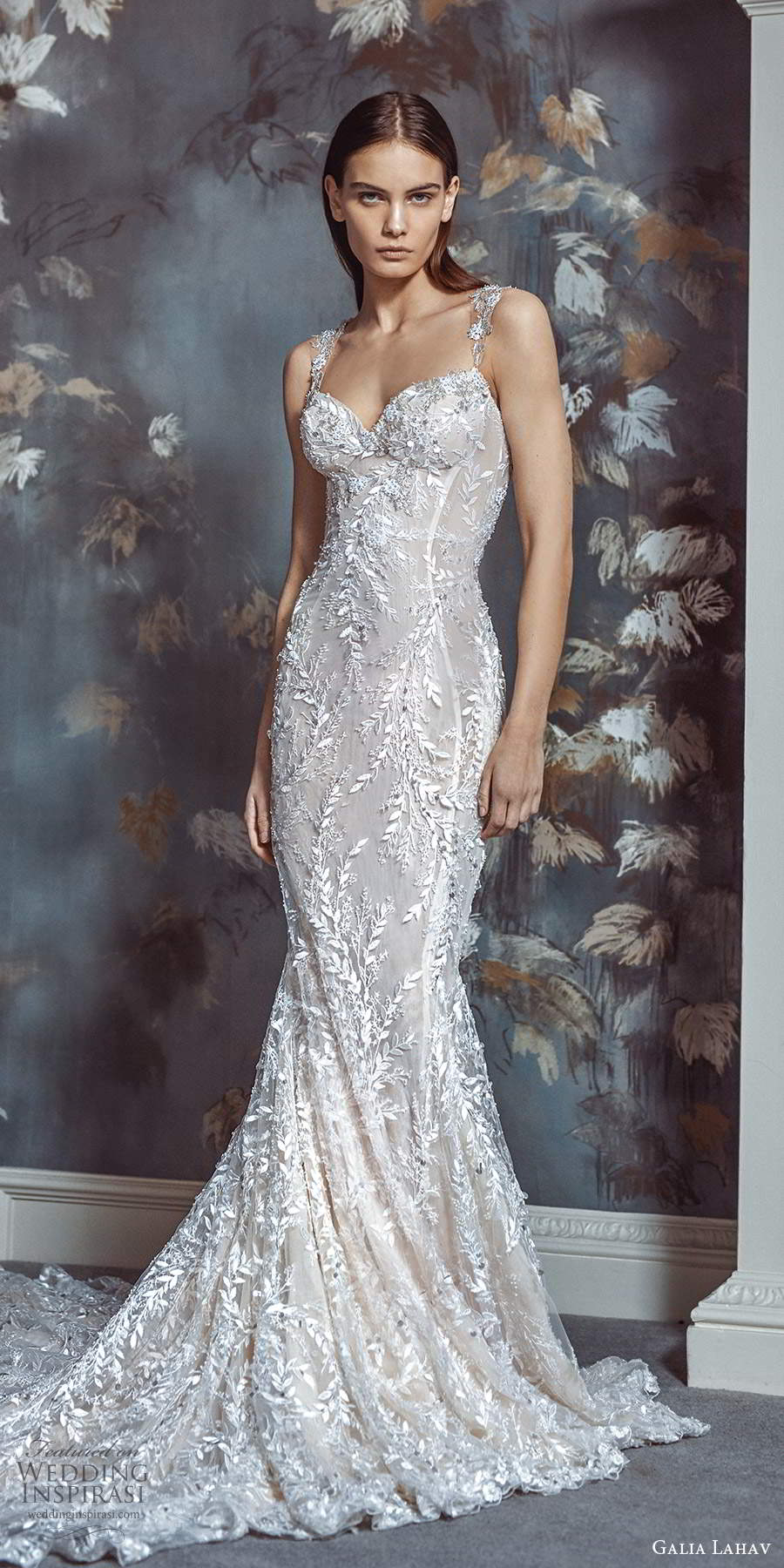 galia lahav fall 2021 bridal sleeveless straps sweetheart neckline fully embellished lace sheath wedding dress chapel train (2) mv