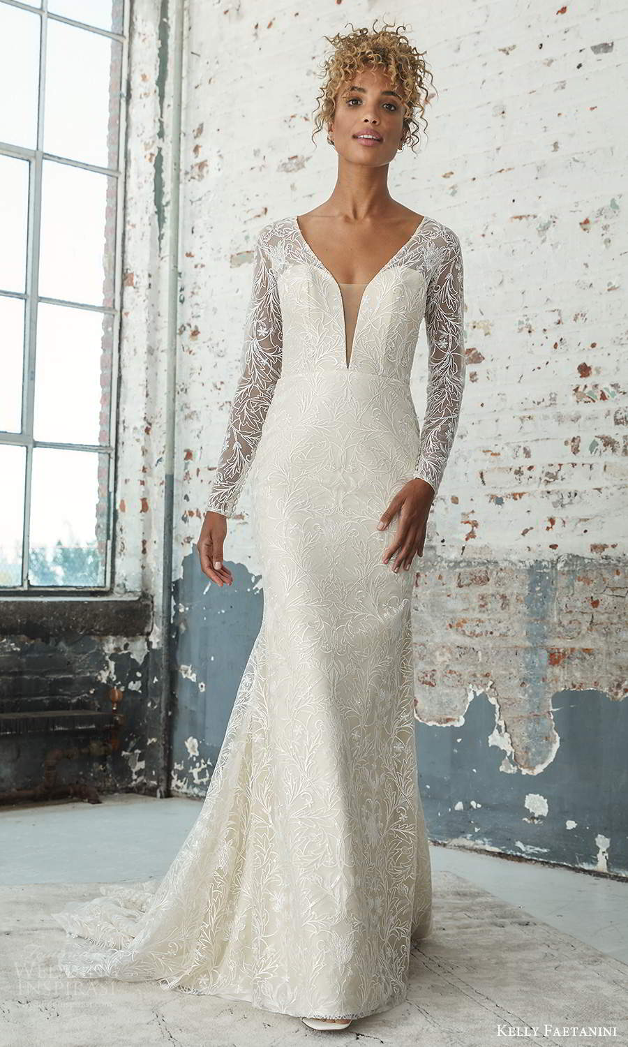 kelly faetanini 2021 bridal long sleeves plunging v neckline fully embellished sheath wedding dress chapel train (6) mv