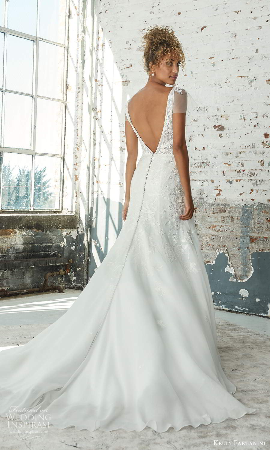kelly faetanini 2021 bridal sheer flutter sleeves plunging v neckline embellished bodice a line wedding dress chapel train (21) bv