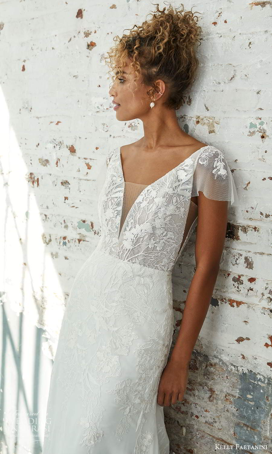 kelly faetanini 2021 bridal sheer flutter sleeves plunging v neckline embellished bodice a line wedding dress chapel train (21) zv