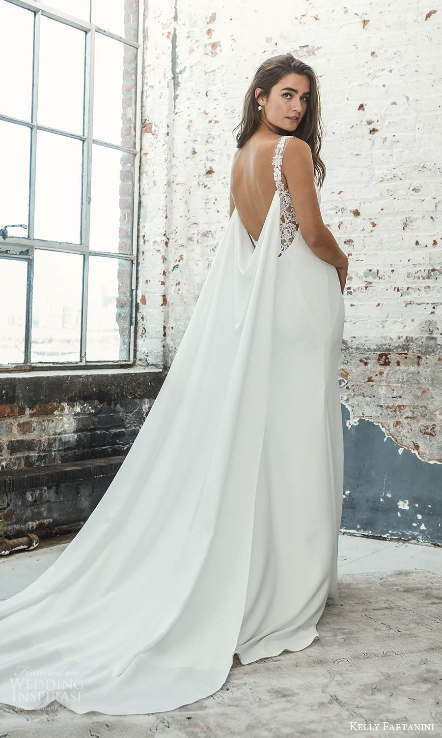 kelly faetanini 2021 bridal sleeveless embellished straps scoop neckline clean minimalist sheath wedding dress low back chapel train cape (4) bv