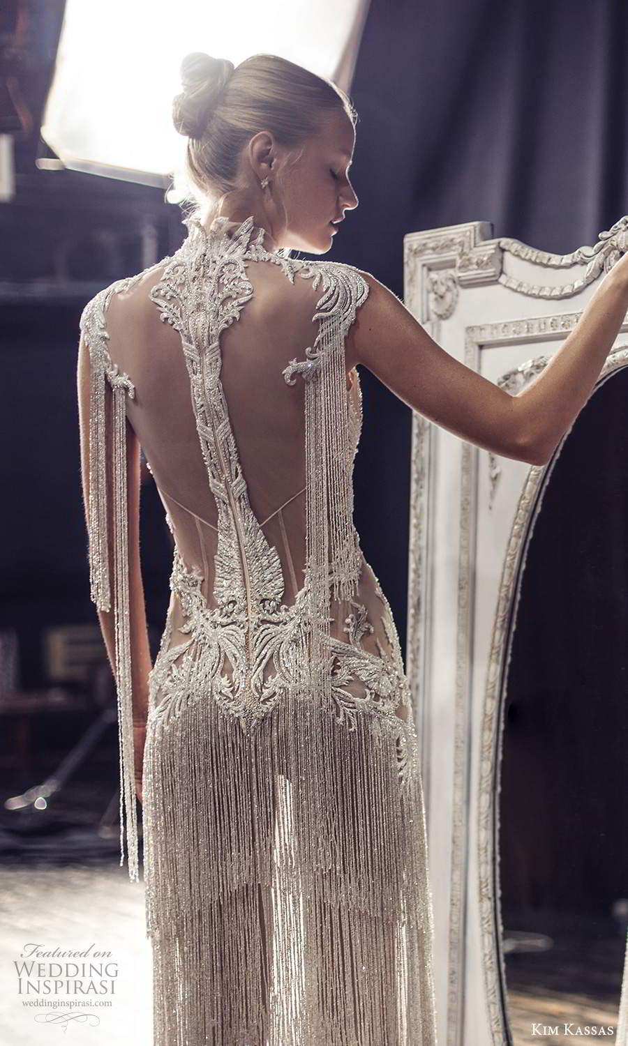 kim kassas fall 2021 bridal cap sleeves high neckline fully embellished column wedding dress tiered fringe skirt sheer beaded back (10) mv kim kassas fall 2021 bridal cap sleeves high neckline fully embellished column wedding dress tiered fringe skirt sheer beaded back (10) mv