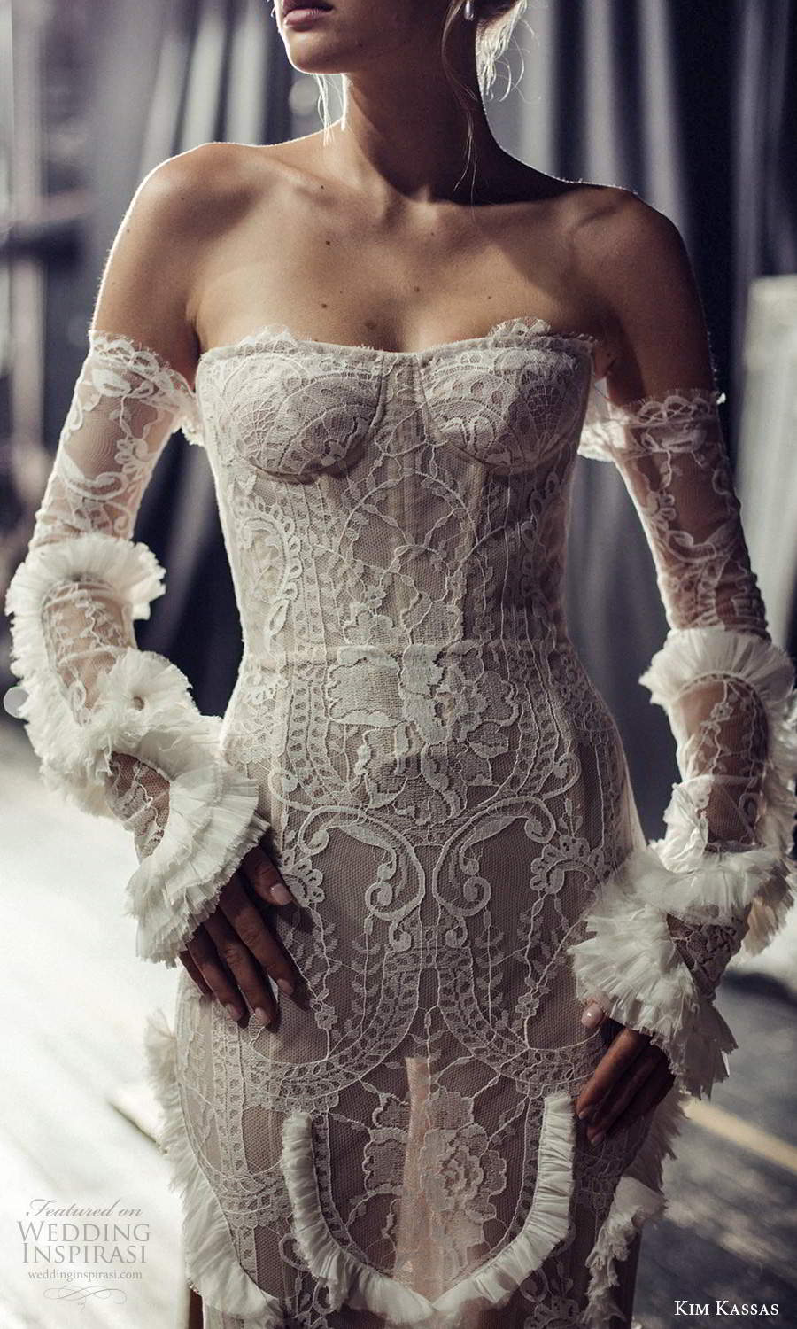 kim kassas fall 2021 bridal detached sleeves gloves strapless semi sweetheart neckline fully embellished lace sheath wedding dress chapel train (5) zv