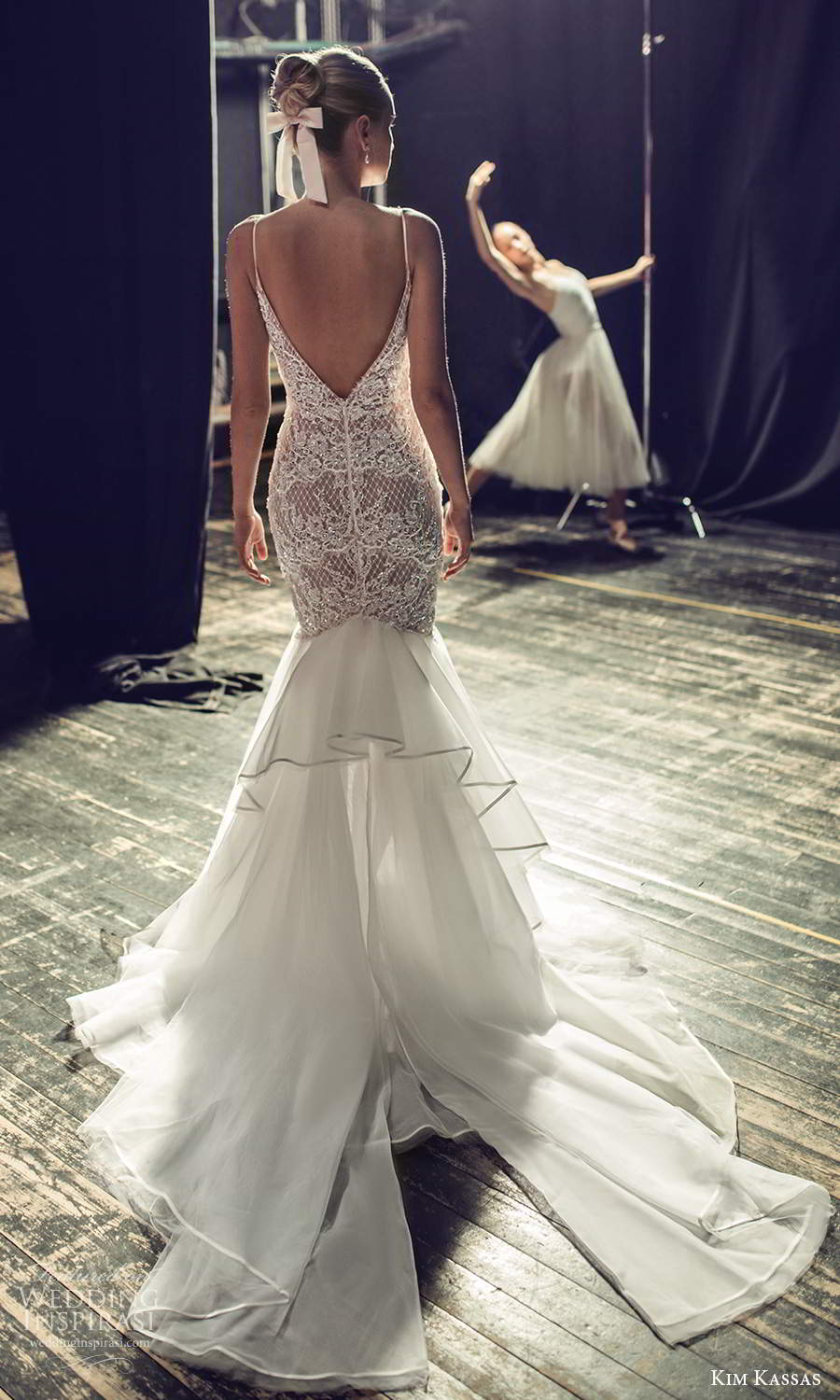 kim kassas fall 2021 bridal sleeveless thin straps plunging v neckline heavily embellished bodice fit flare mermaid wedding dress chapel train (6) bv