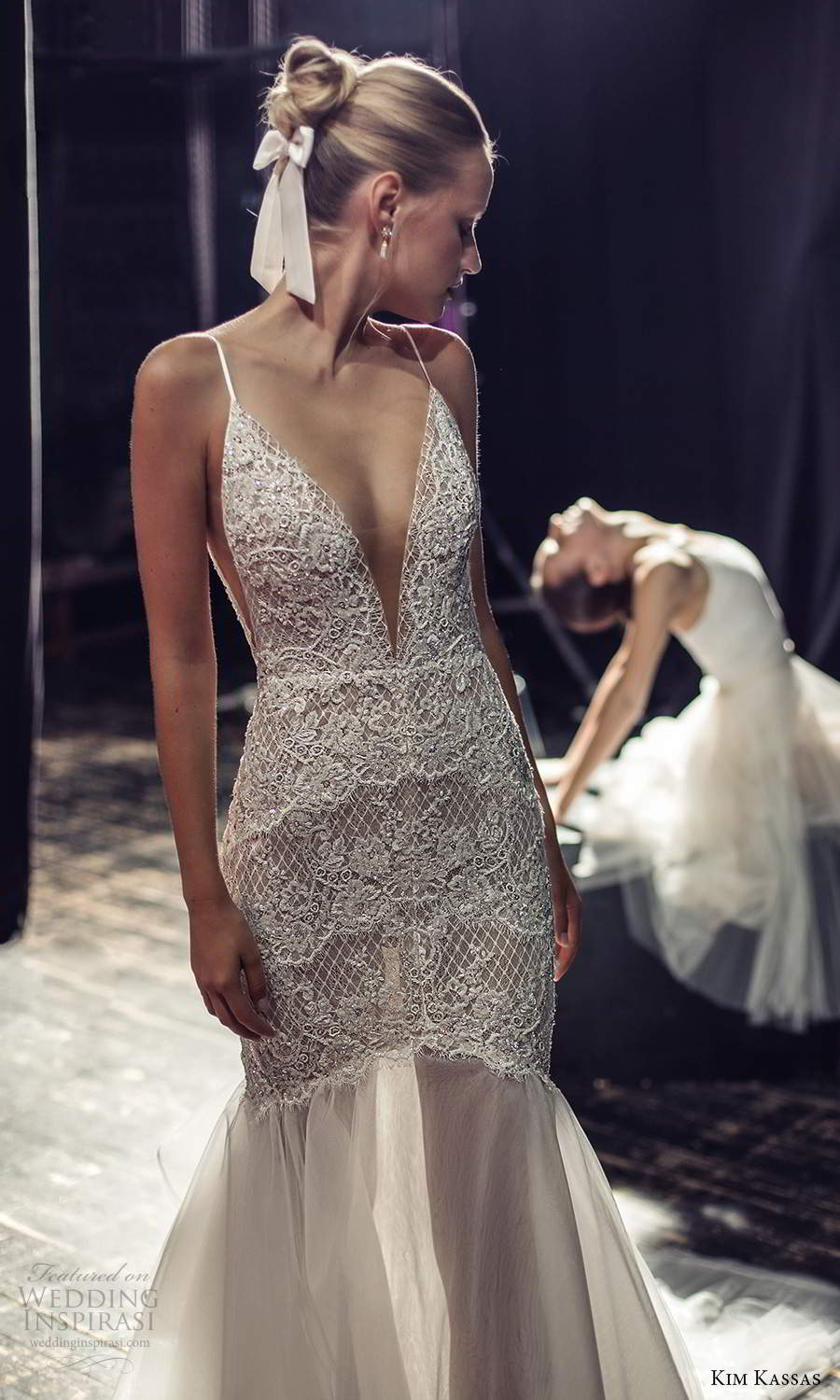 kim kassas fall 2021 bridal sleeveless thin straps plunging v neckline heavily embellished bodice fit flare mermaid wedding dress chapel train (6) zv kim kassas fall 2021 bridal sleeveless thin straps plunging v neckline heavily embellished bodice fit flare mermaid wedding dress chapel train (6) zv